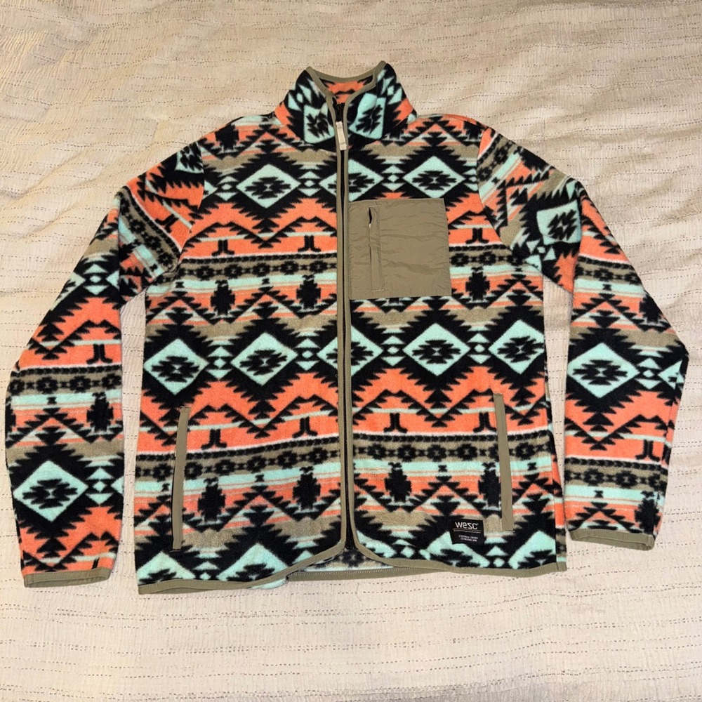 WeSC Mens Large Southwestern Aztec Fleece Full Zip Jacket Teal‎ Orange Geometric